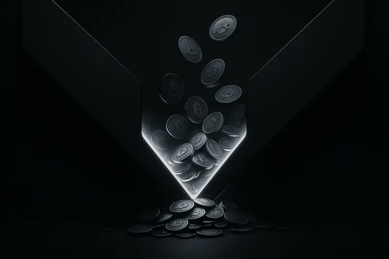 On a black background, a deep V-shaped groove fills with glowing golden coins while faint red particles fade above.