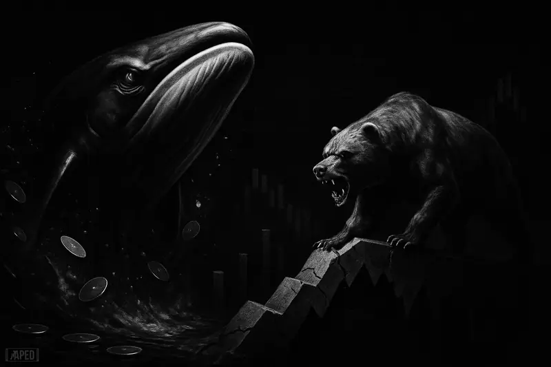 A giant breaching whale faces a prowling bear on a collapsing chart-like ridge in a dark grayscale crypto market scene.