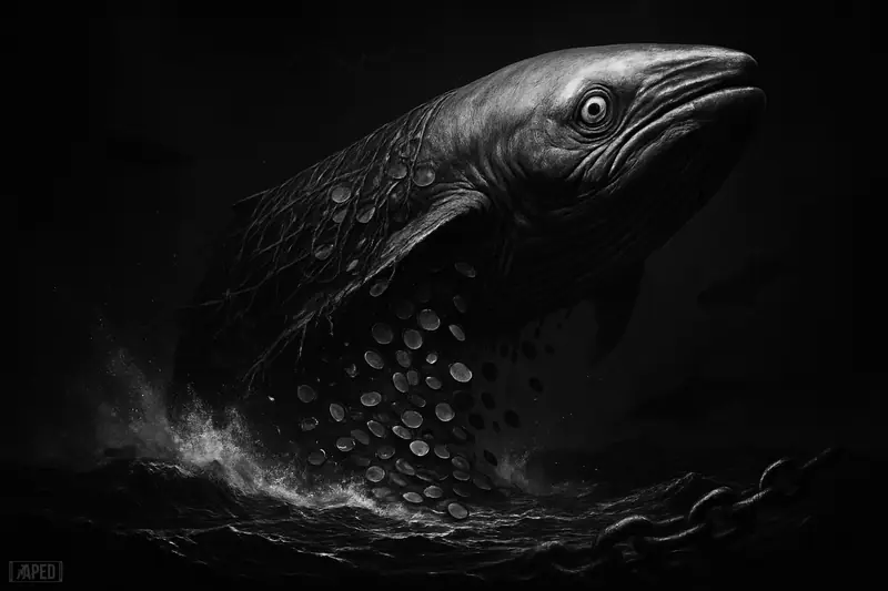 A fearful giant whale drops coins into a dark stormy sea, surrounded by broken chains and shadowy whales under a faint data grid.