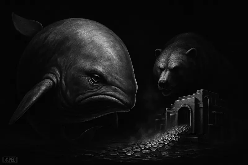 A giant retreating whale and a looming bear in dark waters, with coin-like currents flowing toward a shadowy industrial exchange structure.
