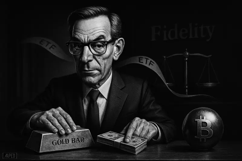 Jurrien Timmer stands in a dark financial scene, guiding capital from gold toward a digital asset under dramatic grayscale lighting.