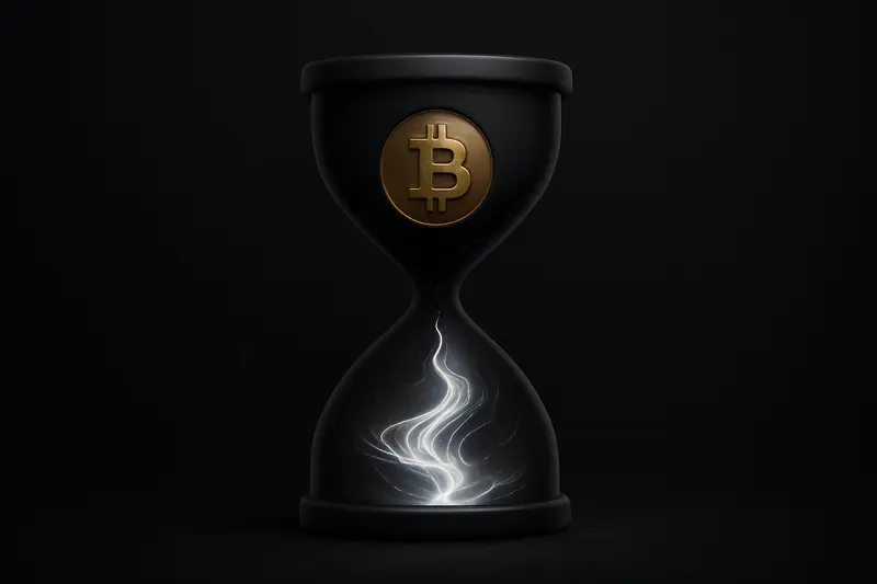 Cracked hourglass on a black background, one chamber packed with glowing gold grains, the other filled with fast swirling neon particles.