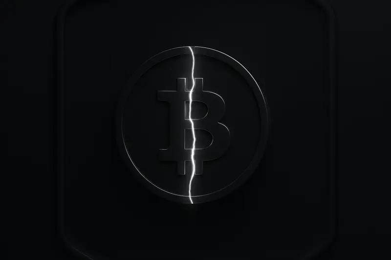 A dark metallic coin-like disc with a thin glowing crack splitting it, surrounded by faint circuit lines on black.
