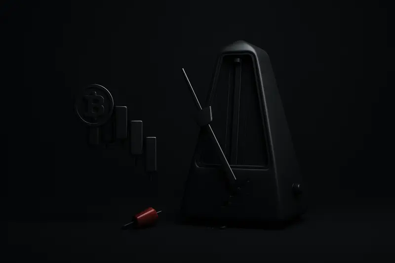On a black background, a cracked metronome sits beside a snapped red candlestick and fading green price glow.