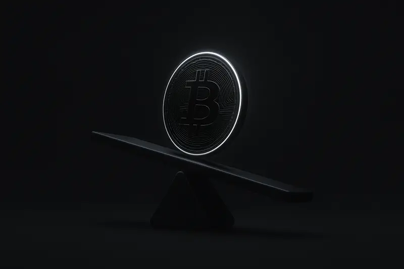 Glowing golden coin teetering on a sharp metallic lever above a dark grid, with faint arcs suggesting tension and release.