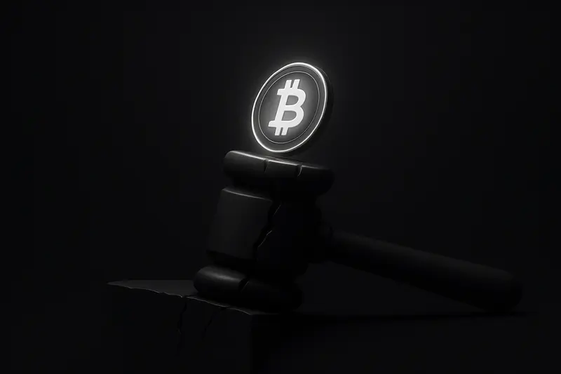 A glowing gold coin hovers above a cracked, gavel-shaped stone ledge with sharp neon fissures on a black background.