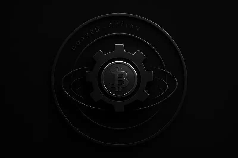 Glowing segmented arcs circle a dark metallic coin, with a luminous gear mechanism beneath on a black background.