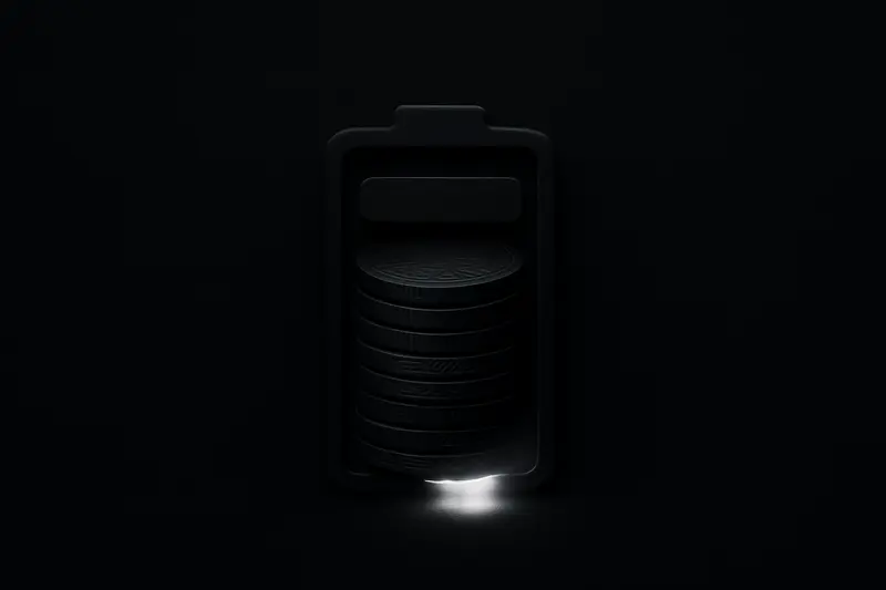 A dark metallic vault door ajar, with an empty glowing coin pedestal and faint circuit lines fading into black.