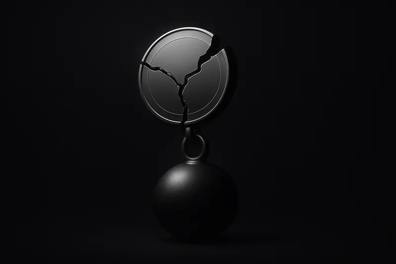 Cracked gold coin dissolving into dark metallic fragments that form a heavy weight sinking into a black, neon-lit void.