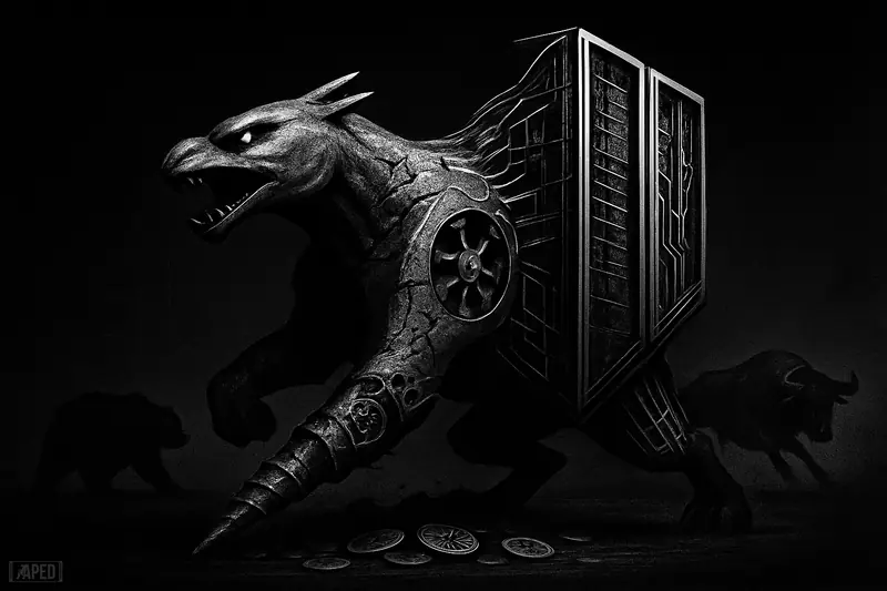 A damaged mining machine-beast morphs into an AI supercomputer as a bull rises and a bear lurks beneath in a dark grayscale scene.