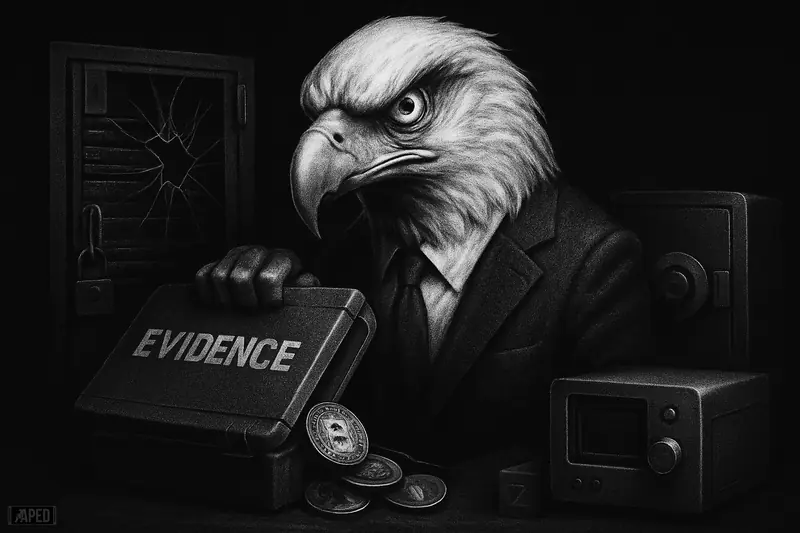 A stern eagle in a suit moves seized crypto from an evidence case toward a vault, with hacked servers and dark market tension behind.