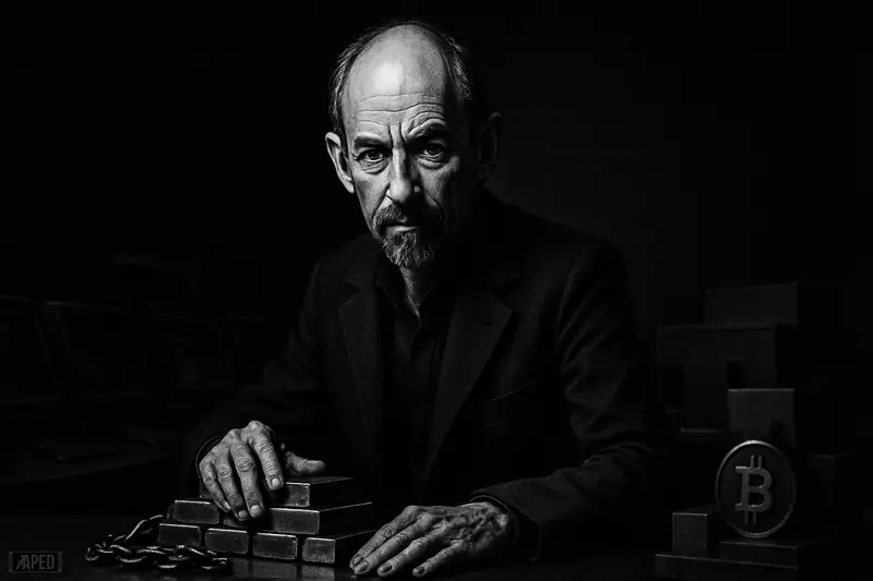 Adam Back caricature stands in a dark trading room beside heavy stacked assets and exchange machinery, evoking oversized leveraged bullish Bitcoin bets.