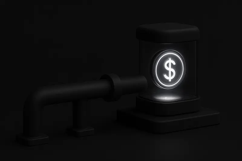 Matte-black industrial pipes converge into a glass capsule holding a glowing coin, with subtle circuit traces on a dark background.