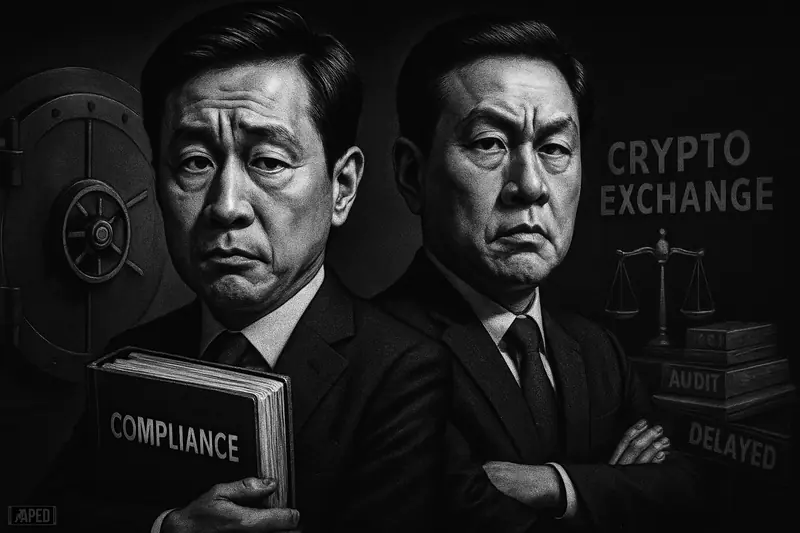 Two suited business leaders stand tensely before shadowy exchange and regulatory symbols, suggesting a delayed public listing under heavy scrutiny.
