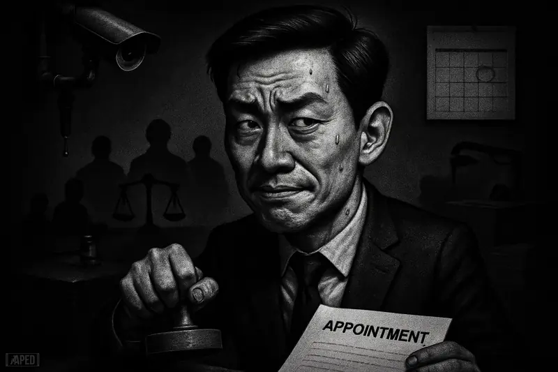 Caricatured Korean CEO in a dark boardroom, sweating yet smirking, facing regulator silhouettes with gavel, scales, and surveillance.