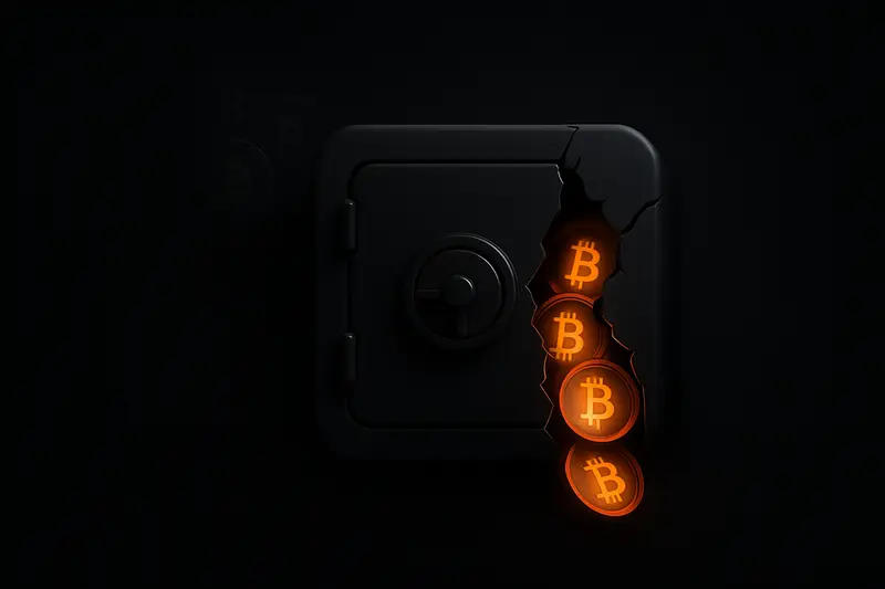 Cracked matte-black digital vault with a neon-orange bitcoin glow spilling out as fragmented UI pixels on a dark background.