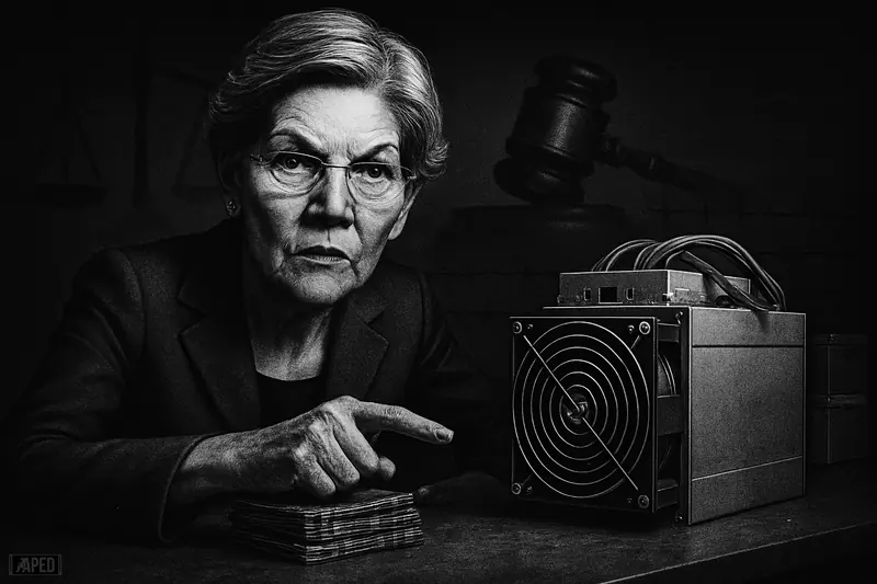 Elizabeth Warren looms over mining hardware under harsh light, inspecting an ASIC machine in a dark, security-themed grayscale scene.
