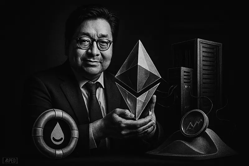 Tom Lee caricature in a dark studio presents a faceted Ethereum-like crystal, with validator servers, immersion tanks, and node links behind him.