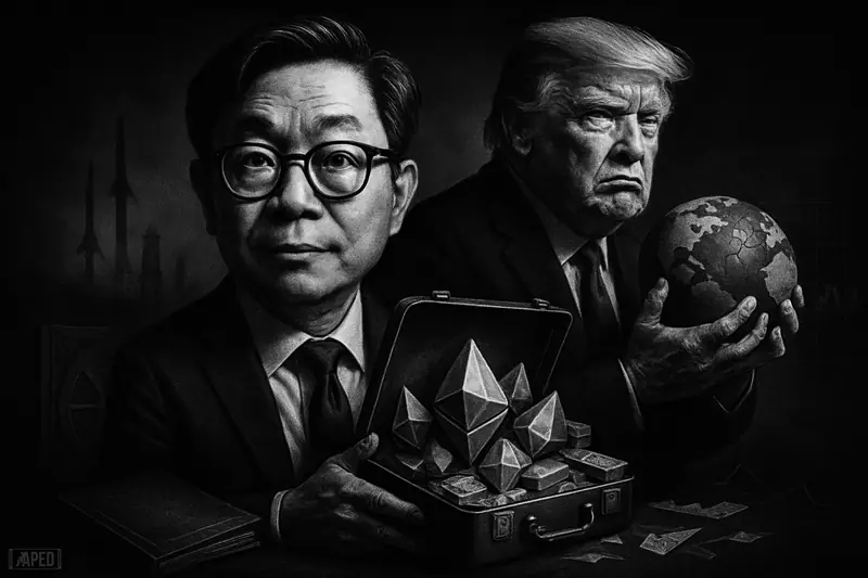 Tom Lee steadies a briefcase of crystal-like Ethereum and cash as a tense Donald Trump looms with a cracked globe behind them.