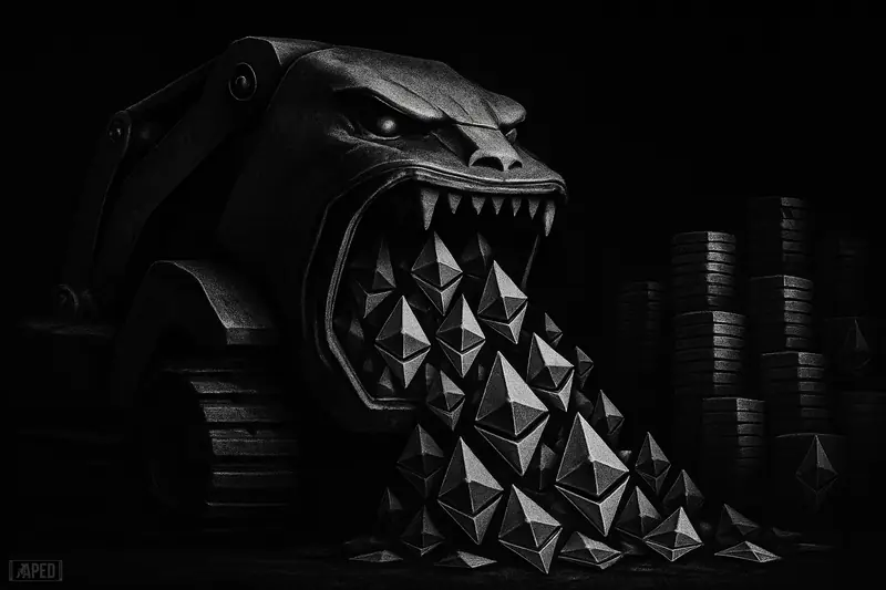 A menacing mining-vault machine hoards crystal Ethereum symbols in a dark grayscale scene, suggesting massive corporate accumulation and tightening supply.