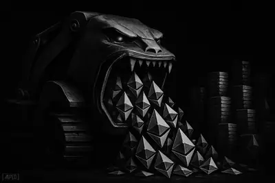 A menacing mining-vault machine hoards crystal Ethereum symbols in a dark grayscale scene, suggesting massive corporate accumulation and tightening supply.