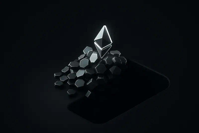 A mound of luminous hexagonal crystals on black, sliding off a fractured ledge into a deep shadowy chasm.