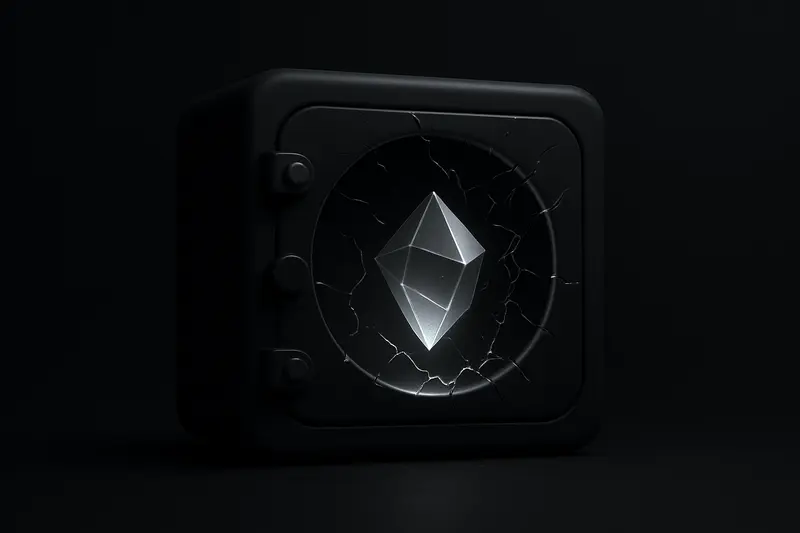 Cracked black glass vault containing a glowing blue crystal, slowly sinking through dark liquid with faint grid lines behind.