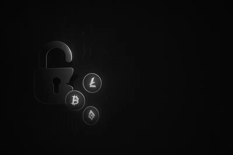 Cracked metallic padlock hovering over a dark circuit-board grid, spilling neon coin-like particles into blackness.