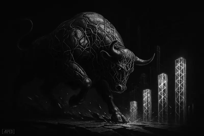 A monochrome cybernetic bull charges through a dark network of AI subnets and valuation pillars on a dramatic trading-platform scene.