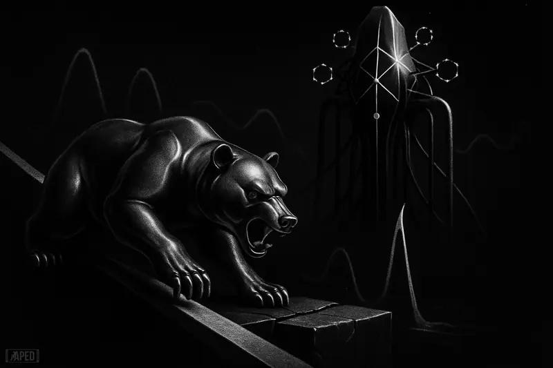 A metallic bear descends a sloped ramp toward a cracked platform beneath a dark neural totem and faint market-grid backdrop.