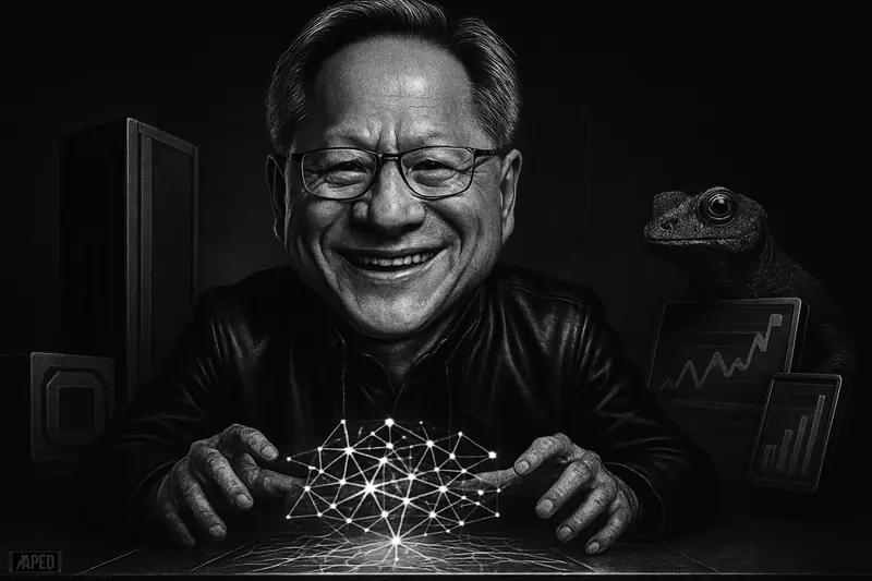 Jensen Huang looms over a glowing subnet network, with server hardware and market symbolism behind him in a dark grayscale scene.