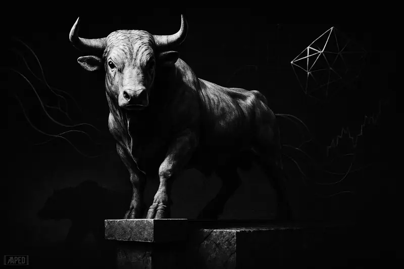 A monochrome bull braces on a ledge above shadowy market danger, surrounded by AI-like network forms against a dark data-grid backdrop.