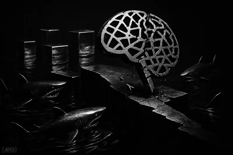 A cracked metallic network-brain falls between uneven platforms as mechanical sharks circle in a dark grayscale scene of market panic.