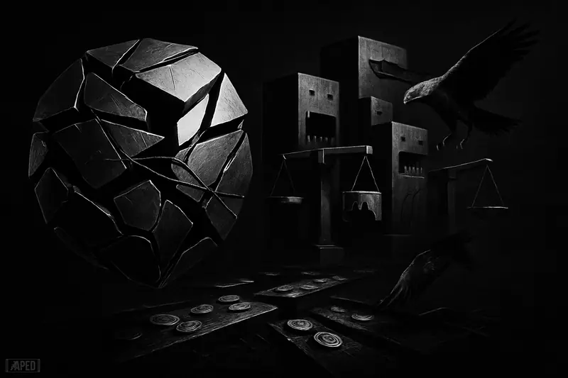 A fractured metallic crypto totem is pulled apart by exchange machines as scattered tokens and a circling hawk suggest broken liquidity.