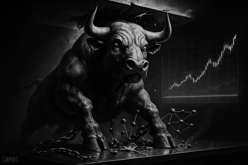A grayscale mechanical bull caricature bursts above a broken barrier, with neural-node spheres and a rising chart hologram on a dark grid backdrop.