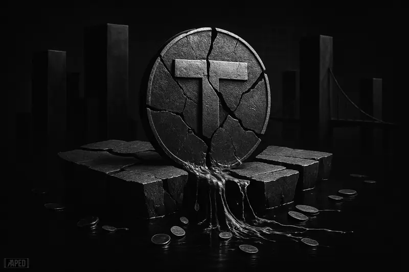 Fragmented metallic crypto islands hover over a black floor, with broken bridges and stretched liquidity streams in a stark grayscale scene.