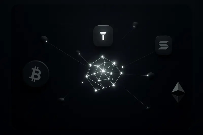 On a black background, a bright neon neural network bursts outward, splitting into many smaller glowing nodes and shards.