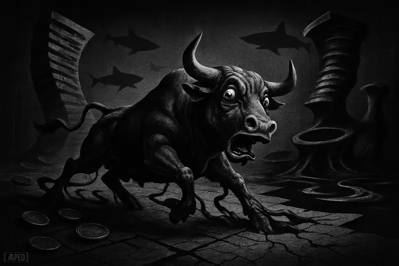 A terrified mechanical bull is dragged across a fractured dark trading floor by ghostly forces amid distorted market structures and circling sharks.