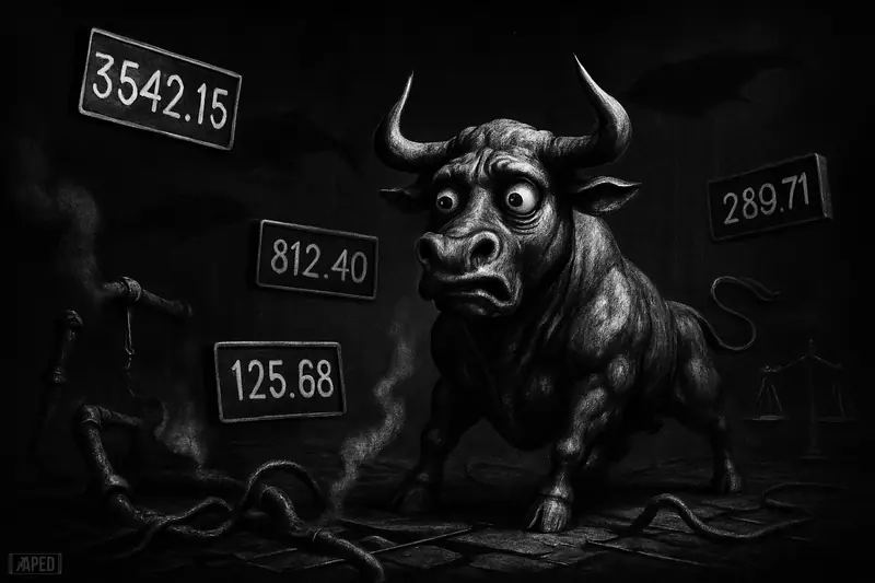 A tense metallic bull stands amid broken pipes, uneven floating market panels, and shadowy whales in a dark grayscale financial scene.