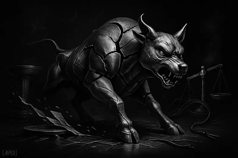 A fractured metallic market beast strains across disconnected platforms in a dark grayscale scene suggesting broken liquidity and unstable pricing.
