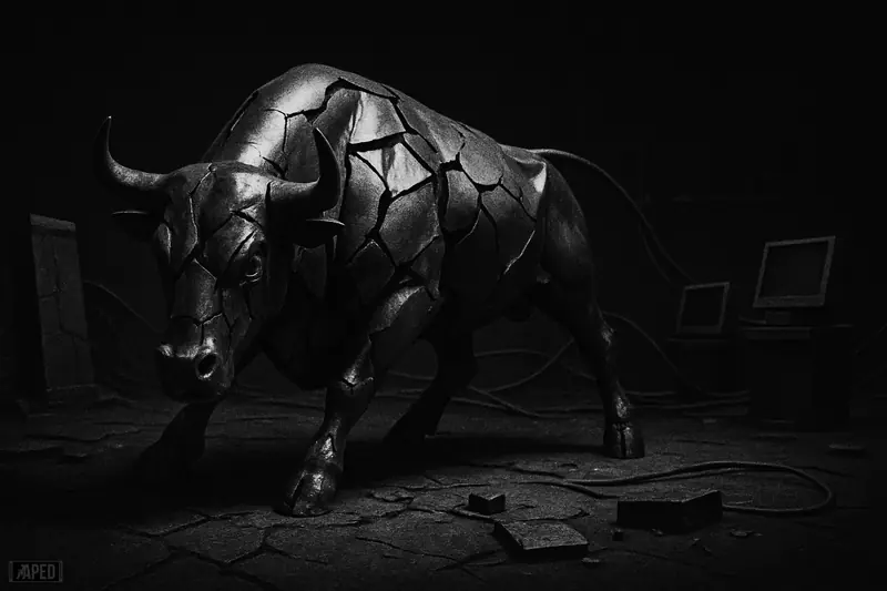 A fractured metallic bull strains on a broken trading floor, pulled apart by disconnected market forces in a dark grayscale scene.