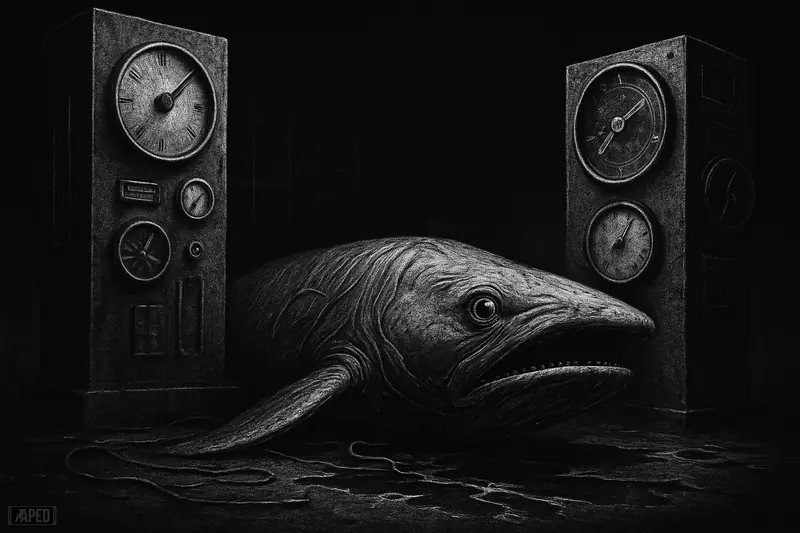 A monochrome mechanical whale lies between two ominous exchange machines, surrounded by broken liquidity channels in a dark data-grid environment.