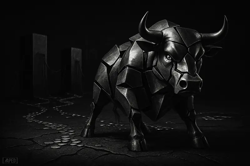 A fractured metallic bull stands on a cracked floor between distant dark monoliths, symbolizing broken liquidity and severe market dislocation.