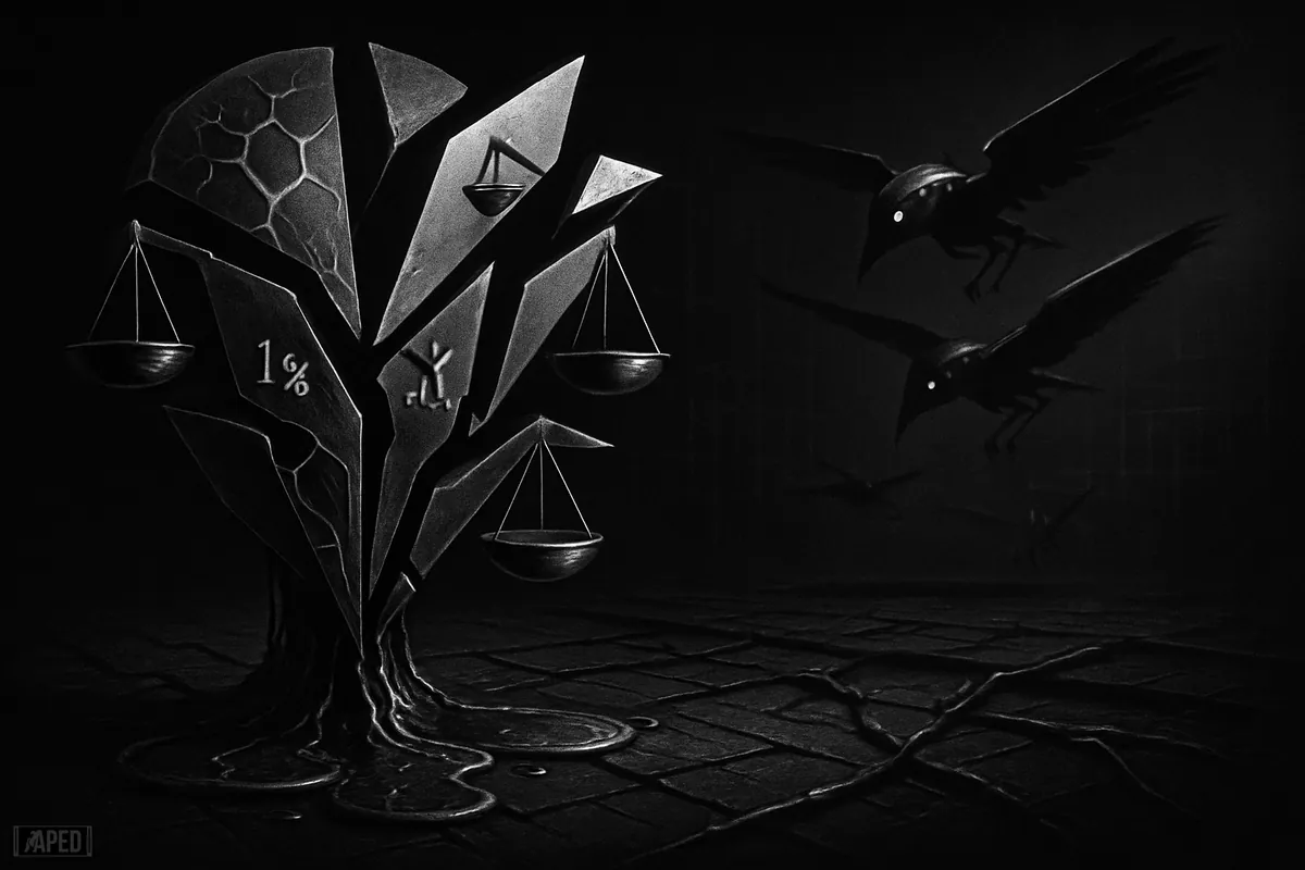 A fractured metallic crypto totem splits across a dark trading floor as mechanical ravens circle above in a stark grayscale scene.