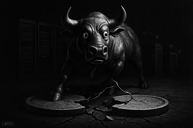 A metallic bull braces between two widely split token discs on a fractured trading floor, symbolizing extreme arbitrage and broken market structure.