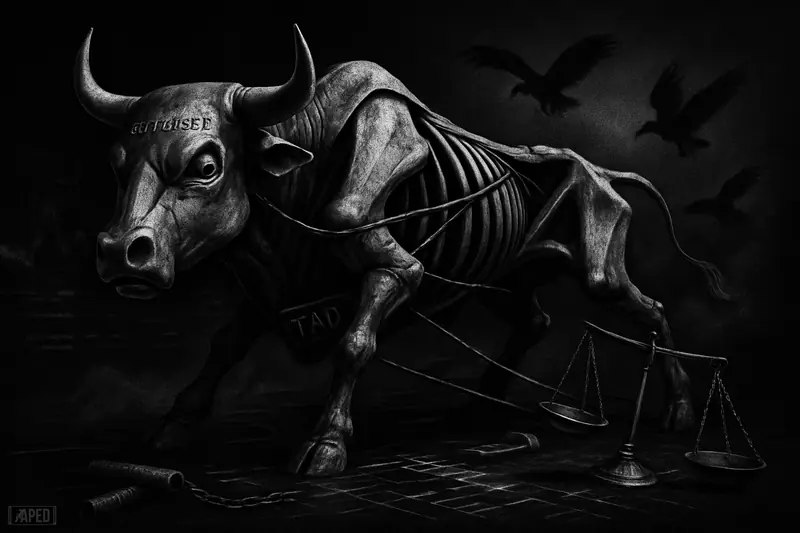 A distorted mechanical bull is pulled apart by invisible forces amid broken pipes and circling birds in a dark grayscale market scene.