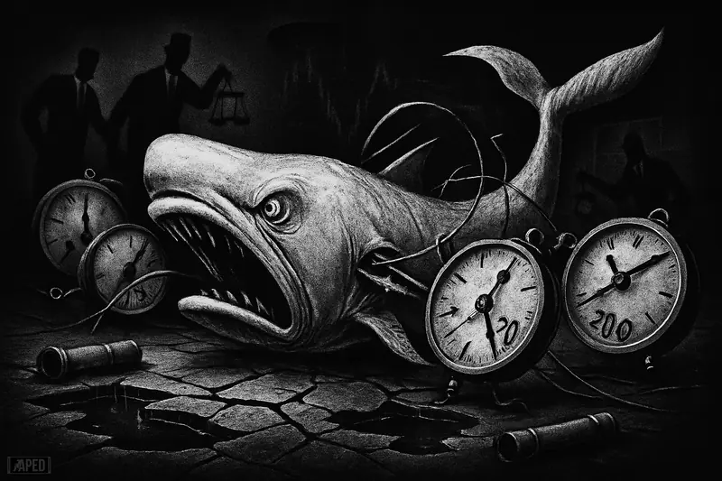 A warped mechanical whale tears apart mismatched price dials over cracked liquidity pipes in a dark grayscale trading-floor scene.