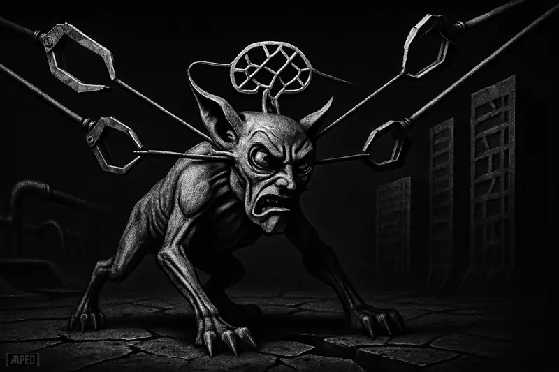 A grayscale metallic creature is pulled apart on a fractured trading floor, with leaking pipes and dark exchange infrastructure behind it.