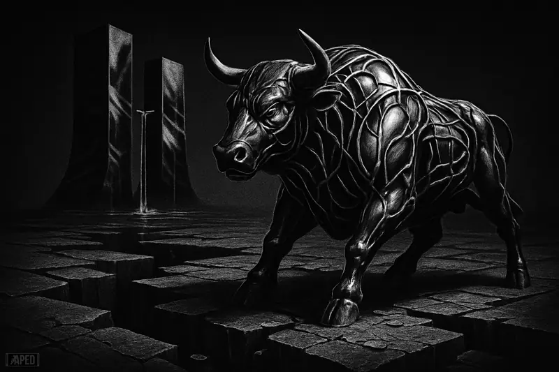 A metallic neural bull stands on a fractured trading floor as liquidity leaks between distant exchange towers in a dark grayscale scene.