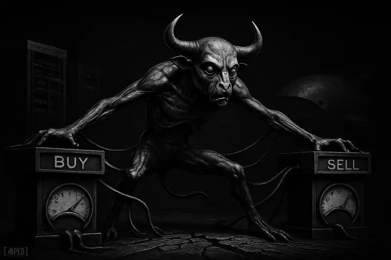 A strained metallic beast stretches between two trading platforms as gauges diverge and cables snap in a dark grayscale market scene.